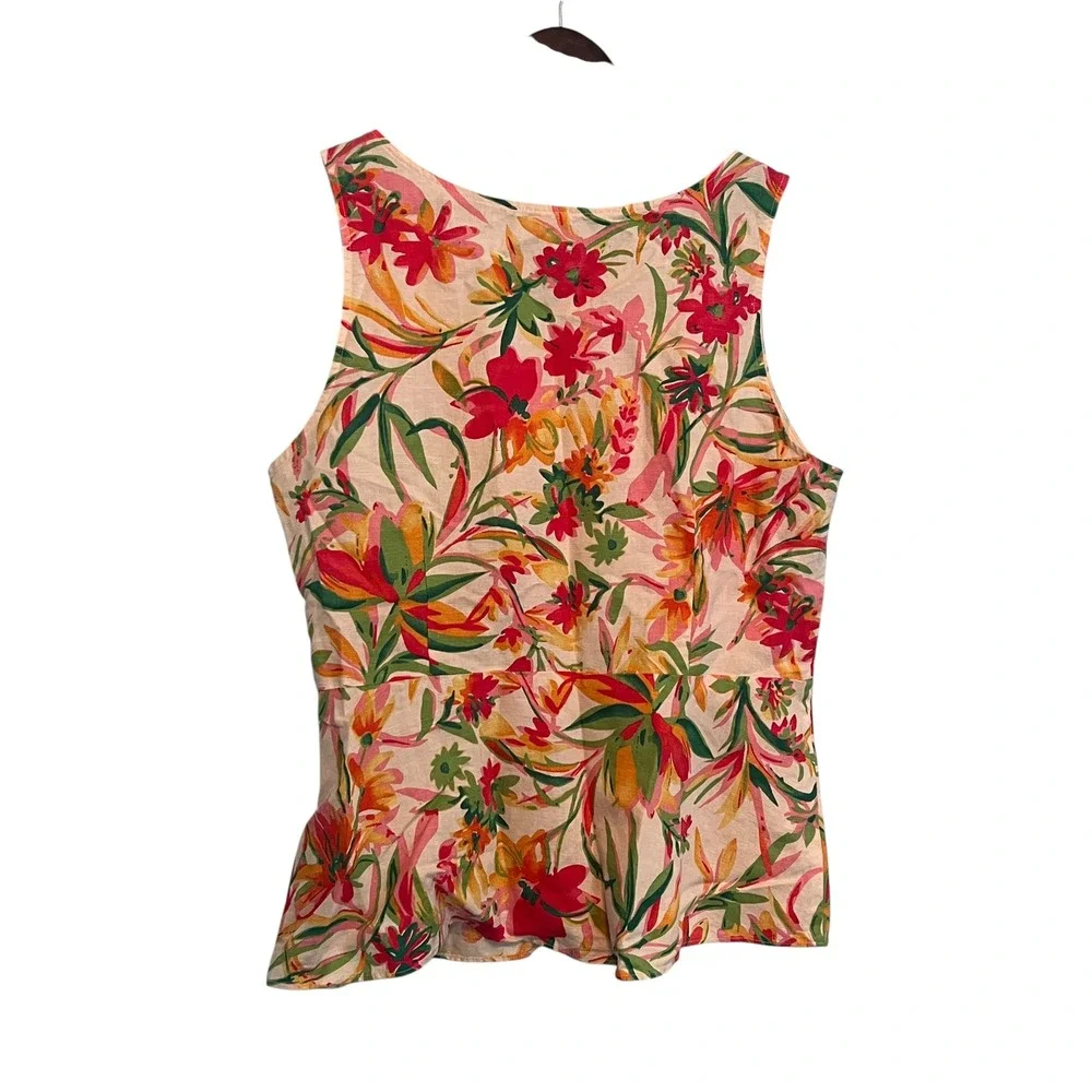 J.Crew Womens Floral Linen V-Neck Peplum Tank Top Pink Orange G5318 Size 12